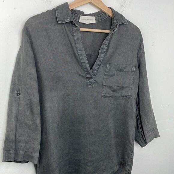 Side Stitch Linen Popover Tunic Top Blue Roll Tab Sleeve Pocket Collar Small - Picture 2 of 15